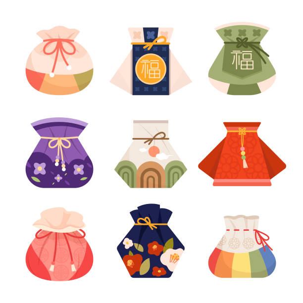 Korean traditional coin purse. A collection of various lucky bags. Vector illustration of elements related to Lunar New Year or Chuseok. (Chinese translation: good luck) korean culture stock illustrations