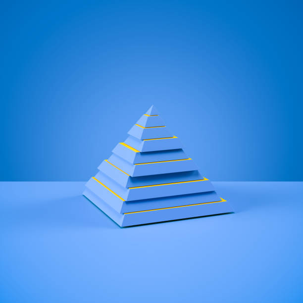istock Abstract image of a blue pyramid cut into pieces with yellow inner surfaces. Layers randomly displaced horizontally. Hierarchy concept. Blue background. 1335224287