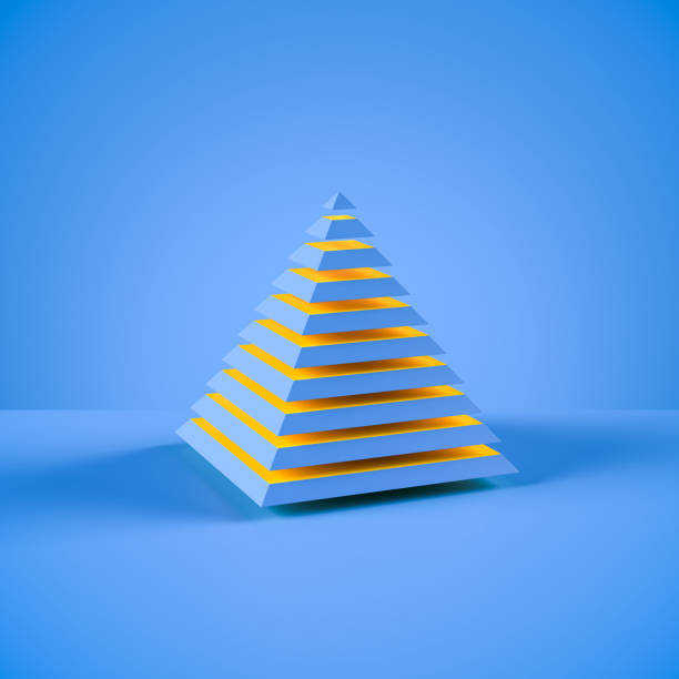 Abstract image of a blue pyramid cut into pieces with yellow inner surfaces. Strict hierarchy concept. Blue background. Abstract image of a blue pyramid cut into pieces with yellow inner surfaces. Strict hierarchy concept. Blue background. pyramid photos stock pictures, royalty-free photos & images