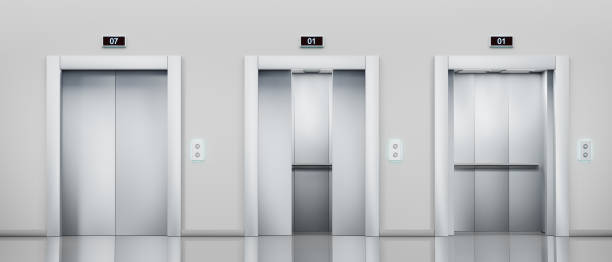 Metal elevator with closed, ajar and open lift doors in hallway. Realistic empty office lobby interior, hotel or waiting area with silver cabins, button panel and display on wall, 3d render. ascensor metálico con puertas de ascensor cerradas, entreabiertas y abiertas en pasillo. interior del vestíbulo de la oficina vacía realista, hotel o área de espera con cabinas plateadas, panel de botones y pantalla en la pared, render 3d