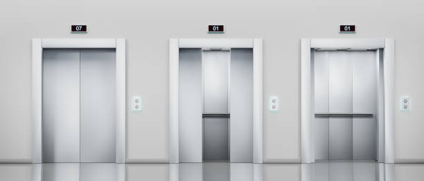 elevador de metal com portas fechadas, entreabertas e abertas no corredor. interior de lobby de escritório vazio realista, hotel ou área de espera com cabines prateadas, painel de botão e display na parede, renderização 3d - elevador - fotografias e filmes do acervo