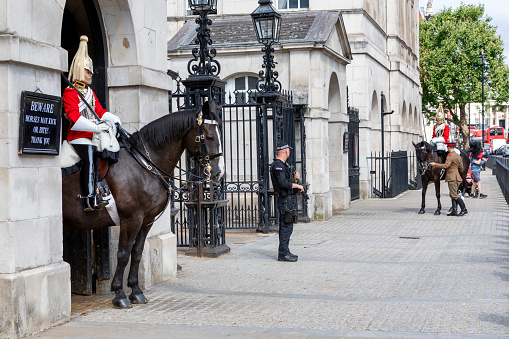 London, UK - July 25, 2011: Horse Guard of African descent on duty at the entrance to the government buildings in Whitehall on July 25, 2011 in London, UK.