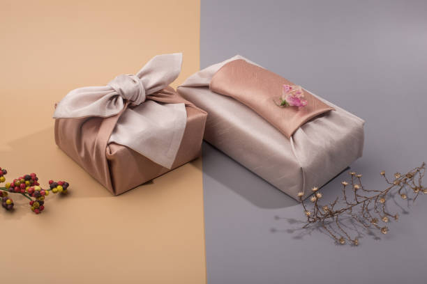 Korean traditional wrapping cloth packaging. furoshiki packaging gift box. stock photo