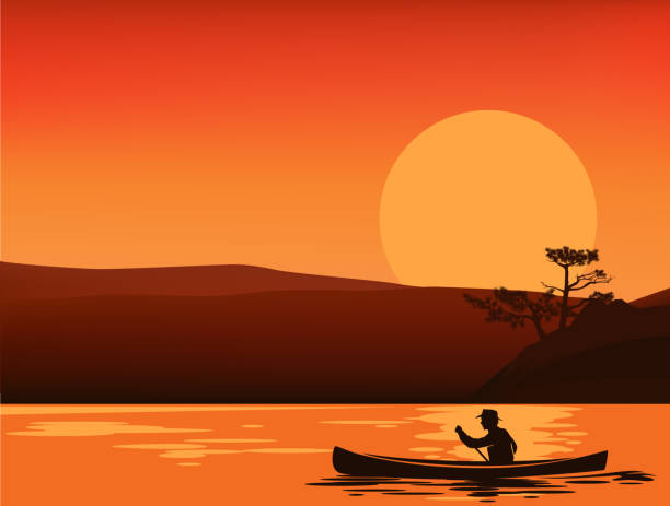 ilustraciones, imágenes clip art, dibujos animados e iconos de stock de escena de silueta vectorial del hombre remando en bote de canoa en el lago sunset - kayak barco de remos