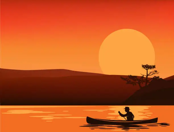 Vector illustration of vector silhouette scene of man rowing in canoe boat at sunset lake