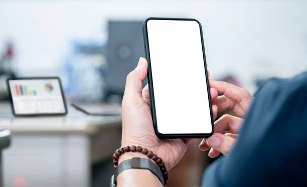 istock Cropped shot of man hand holding blank screen smartphone with blurred background. 1335233991