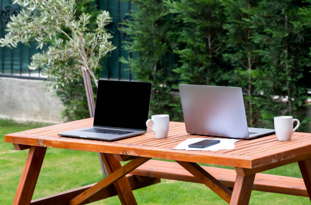 istock Two modern laptops on wooden desk in backyard, Work from home concept 1335234109
