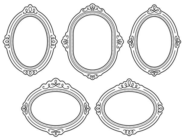 Oval picture frame with European style line decoration Oval picture frame with western style monoline decoration picture frame frame ellipse black stock illustrations