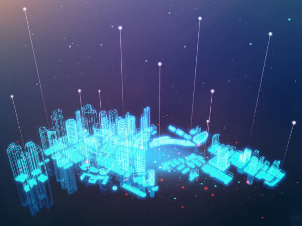 istock Hologram building on black screen in IOT or smart city concept. 1335236936