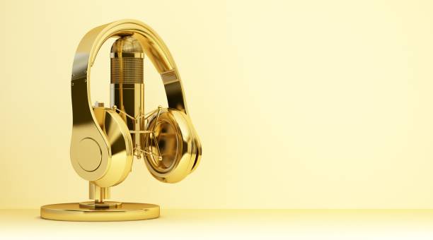 gold headphones and microphone