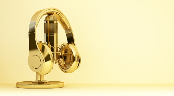 gold headphones and microphone with copy space. 3d rendering