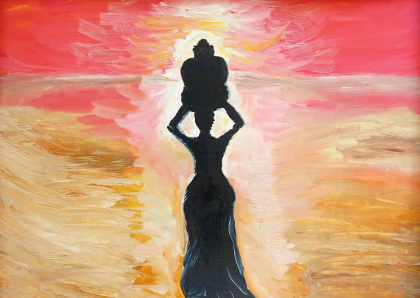afrykańska kobieta z dzbankiem.
krajobraz zachodu słońca.  styl malowania dzieci - painting artist landscape painted image stock illustrations