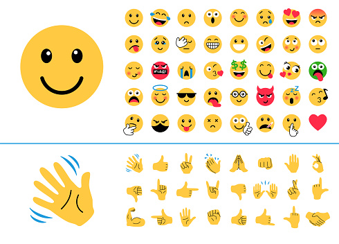 Emoji Icon Set. Emoticons. Hands. Smile colllection. Emotions. Funny Cartoon. Hand Gestures. Social Media. Smile, Crying, Sad, Angry, Joyful, Hello, Like, Handshake, etc