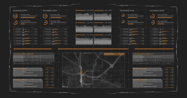 компьютерный футуристический цифровой интерфейс hud с системой спутникового мониторинга предполагает прием данных о ситуации в районе рас� - military reconnaissance airplane стоковые фото и изображения