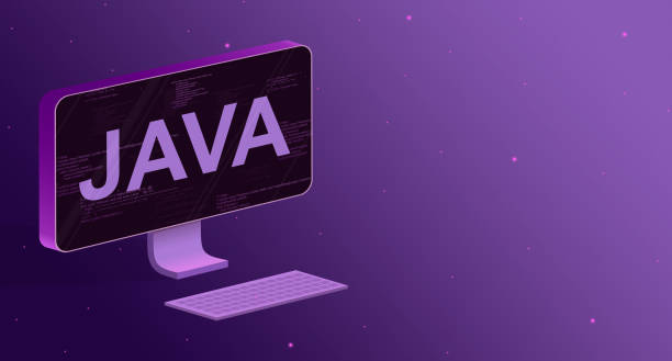 ordenador con elementos de código de programa en la pantalla y la inscripción java y un teclado sobre un fondo morado 3d - java fotografías e imágenes de stock