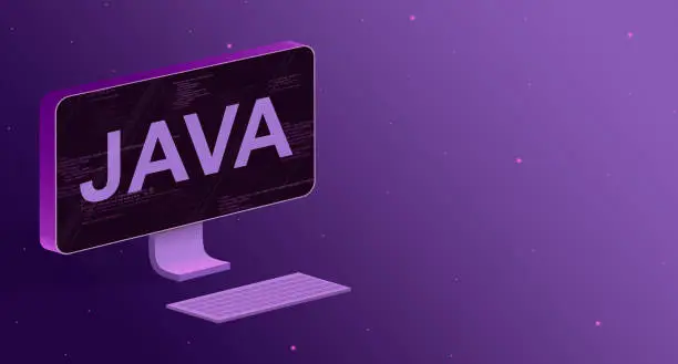 Photo of Computer with elements of program code on the screen and the inscription Java and a keyboard on a purple background 3d