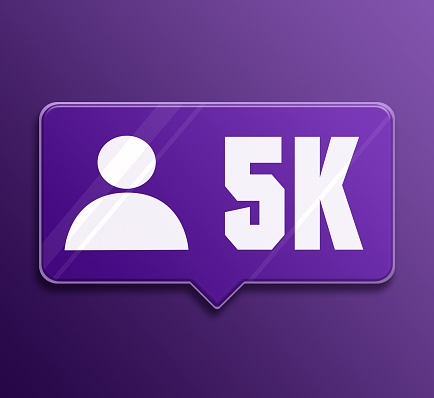 Speech bubble Icon 5k followers in social networks, glass icon 3d.