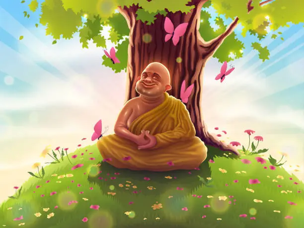 Vector illustration of Buddhist monk in deep Samadhi meditation in yellow clothes sits under the bodhi tree. Yogi Buddha in concentration on retreat, enlightened teacher, relaxation in nature.