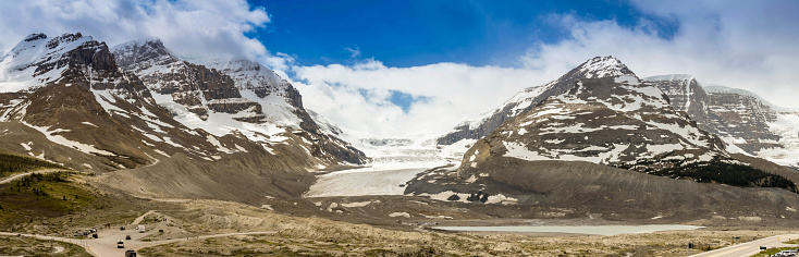 Panoramic view of the Athabasca Glacier in the Columbia Icefield in Alberta, Canada.