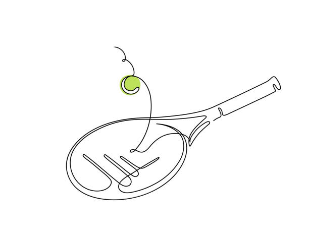 illustrazioni stock, clip art, cartoni animati e icone di tendenza di racchetta da tennis illustrazione vettoriale di una linea. - tennis silhouette tennis racket tennis ball