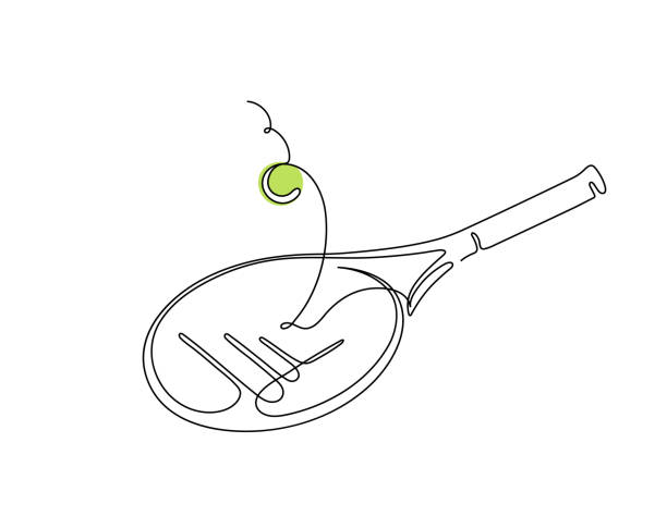 테니스 라켓 원 라인 벡터 일러스트. - tennis racket ball isolated stock illustrations