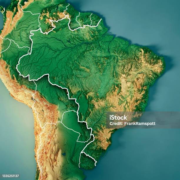 Brazil 3d Render Topographic Map Color Border Stock Photo - Download Image Now - Brazil, Map, South America