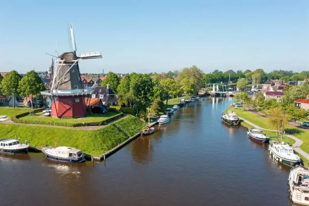 Aerial view on Dokkum with windmill De Hoop in the Netherlands