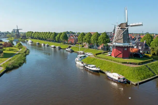 Aerial from traditional windmills in Dokkum Friesland in the Netherlands