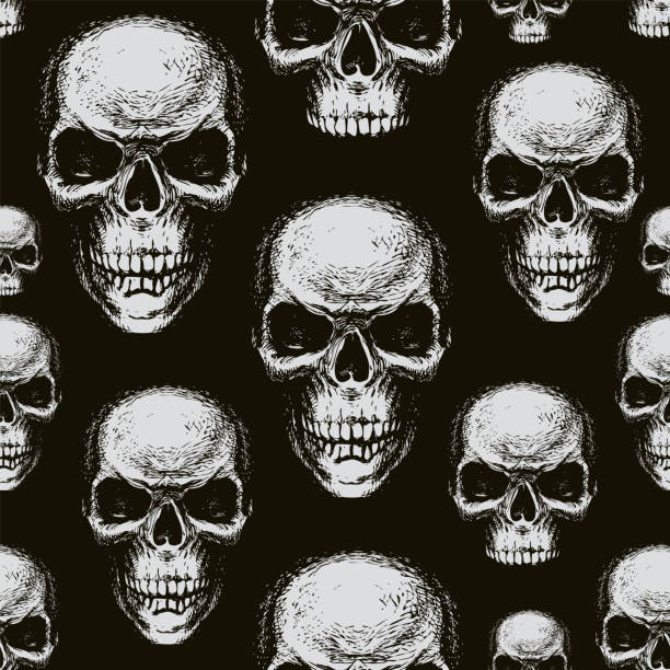 seamless background with hand drawn human skulls Seamless pattern with hand-drawn human skulls. Black and white vector background with sinister smiling skulls in retro style. Graphic print for clothes, fabric, wallpaper, wrapping paper apocalypse tattoo stock illustrations