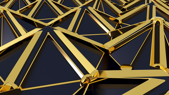 Abstract 3D background with fantasy luxury pattern of black triangular polygons, golden pucks, wires and lines