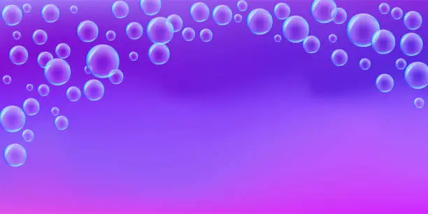 Vector illustration of Soap Bubble Flying on Purple Transparent Background in Realistic Style. Modern Wallpaper. Vector.