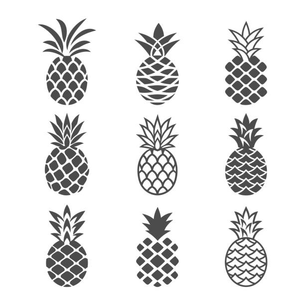 Abstract pineapple icons set Abstract pineapple icons set in white and black color. Creative pineapples in a modern, simple style. Logo, symbol, emblem or icon of tropical fruit. Vector illustration. pineapple stock illustrations