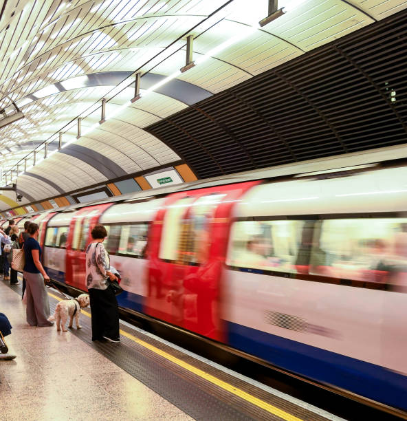 London, England - July 2018: People standing on a platform on the London Underground. One person has a dog. A passing train is blurred to show its motion.