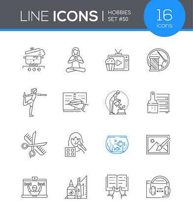 Hobbies - modern line design style icon set. Neat images with various activities and household chores. Suitable for those who are looking for something to do during quarantine. Nice pictures