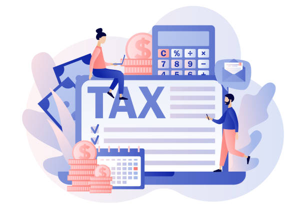 online tax payment. business concept. tiny people filling tax form and pay bills on computer website. financial charge, obligatory payment calculating. modern flat cartoon style. vector illustration - 稅表 插圖 幅插畫檔、美工圖案、卡通及圖標