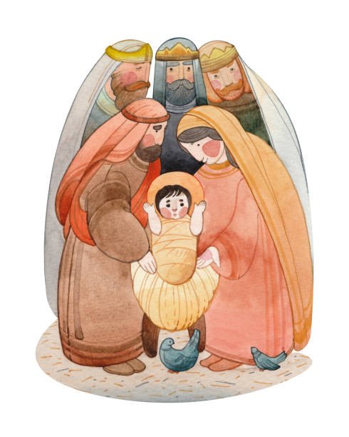 bożonarodzeniowa akwarelowa ilustracja szopki: nowo narodzony jezus chrystus, najświętsza maryja panna, józef, trzej mędrcy. do publikacji chrześcijańskich, kartki z życzeniami świątecznymi, odbitki - nativity scene jesus christ three wise men christmas stock illustrations