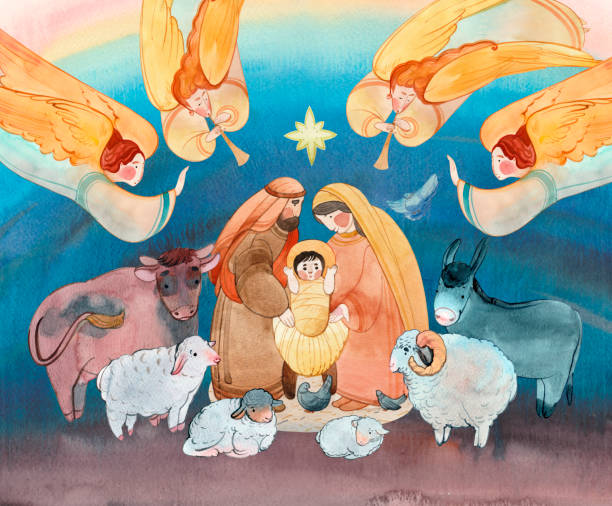 ilustraciones, imágenes clip art, dibujos animados e iconos de stock de ilustración en acuarela navideña del belén: el recién nacido jesucristo, la santísima virgen maría, josé, ángeles y la estrella de belén. - joseph