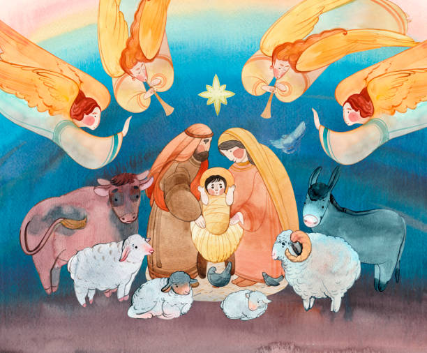 illustrations, cliparts, dessins animés et icônes de illustration à l’aquarelle de noël de la scène de la nativité: le nouveau-né jésus-christ, la bienheureuse vierge marie, joseph, les anges et l’étoile de bethléem. - christmas jesus christ religion spirituality