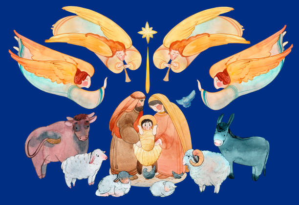 stockillustraties, clipart, cartoons en iconen met christmas watercolor illustration of the nativity scene: the newborn jesus christ, the virgin mary, joseph surrounded by animals and angels singing, the star of bethlehem. christian christmas greeting - kerstengel