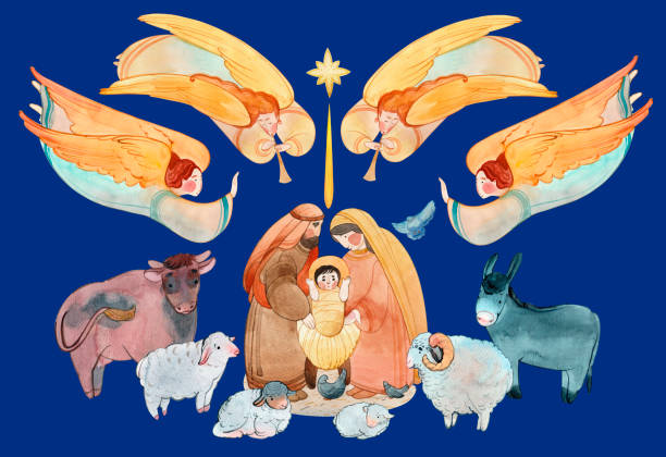 ilustrações, clipart, desenhos animados e ícones de ilustração de aquarela de natal da cena do presépio: o recém-nascido jesus cristo, a virgem maria, josé cercado por animais e anjos cantando, a estrela de belém. saudação de natal cristã - jesus christ illustrations