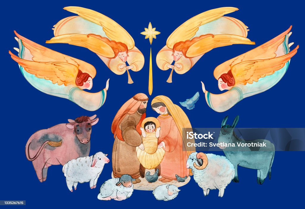 Christmas watercolor illustration of the Nativity scene: the newborn Jesus Christ, the Virgin Mary, Joseph surrounded by animals and angels singing, the star of Bethlehem. Christian Christmas Greeting Nativity Scene stock illustration