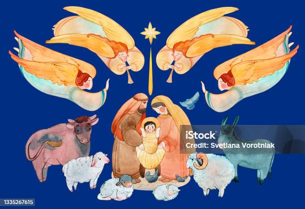 Christmas Watercolor Illustration Of The Nativity Scene The Newborn Jesus Christ The Virgin Mary Joseph Surrounded By Animals And Angels Singing The Star Of Bethlehem Christian Christmas Greeting Stock Illustration - Download Image Now