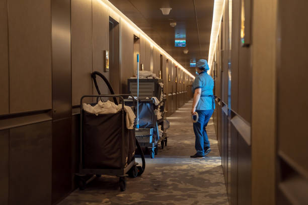 Hotel room services trolley in corridor stock photo