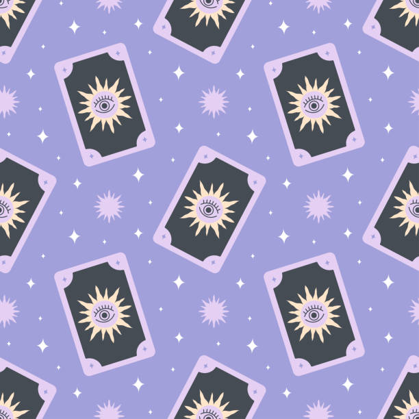occult card seamless pattern, halloween magic background occult card seamless pattern, fortune telling on tarot cards, prediction, witch, sun with black eye, fortuneteller, halloween background magic eye pattern stock illustrations