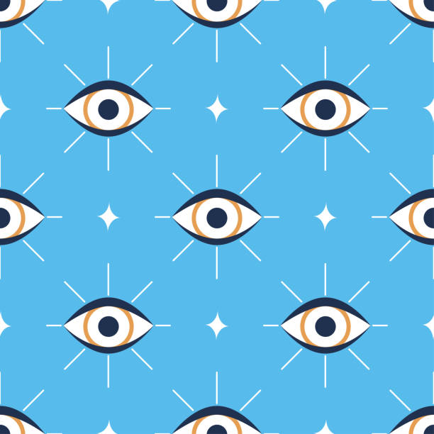 seamless pattern with occult evil eye, vector illustration evil eye vector seamless pattern on blue background, vector illustration of magic witchcraft occult symbol, decor element, fabric, textile, wallpaper with blue golden eyes magic eye pattern stock illustrations