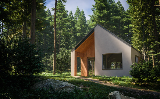 3d rendering of wooden forest house surrounded by trees. Digitally generated image of a luxurious forest bungalow with large windows during day.