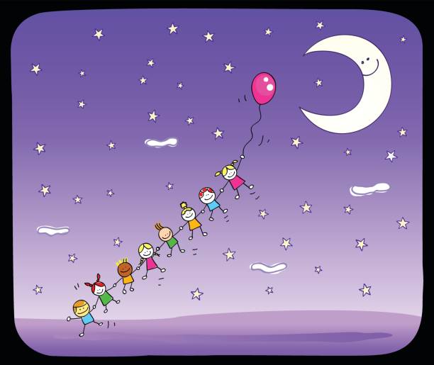 istock children playing with balloon under moonlight cartoon illustration 133526919