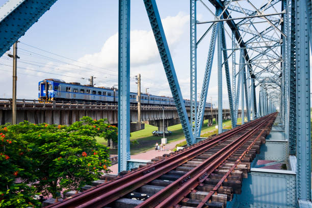 Building view of the Old Railway Bridge Across Gaoping River in Kaohsiung, Taiwan. it was built in 1913 by the Japanese colonial government.