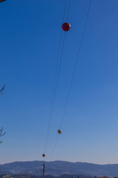 Visibility marker balls, hanging over suspended electric cables