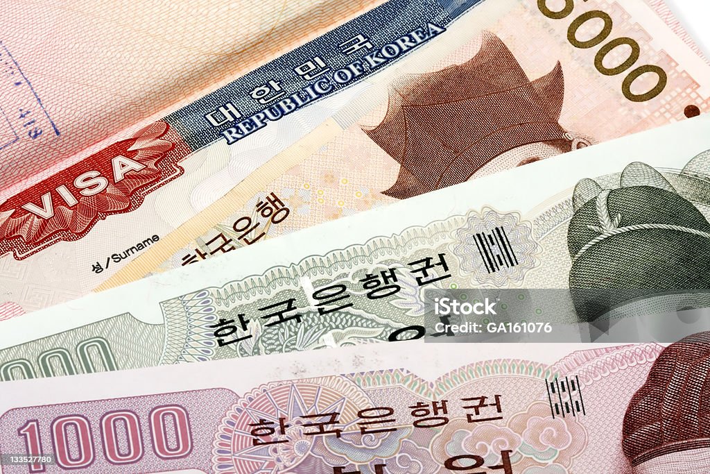 韓国ビザおよび通貨 - パスポートスタンプのロイヤリティフリーストックフォト